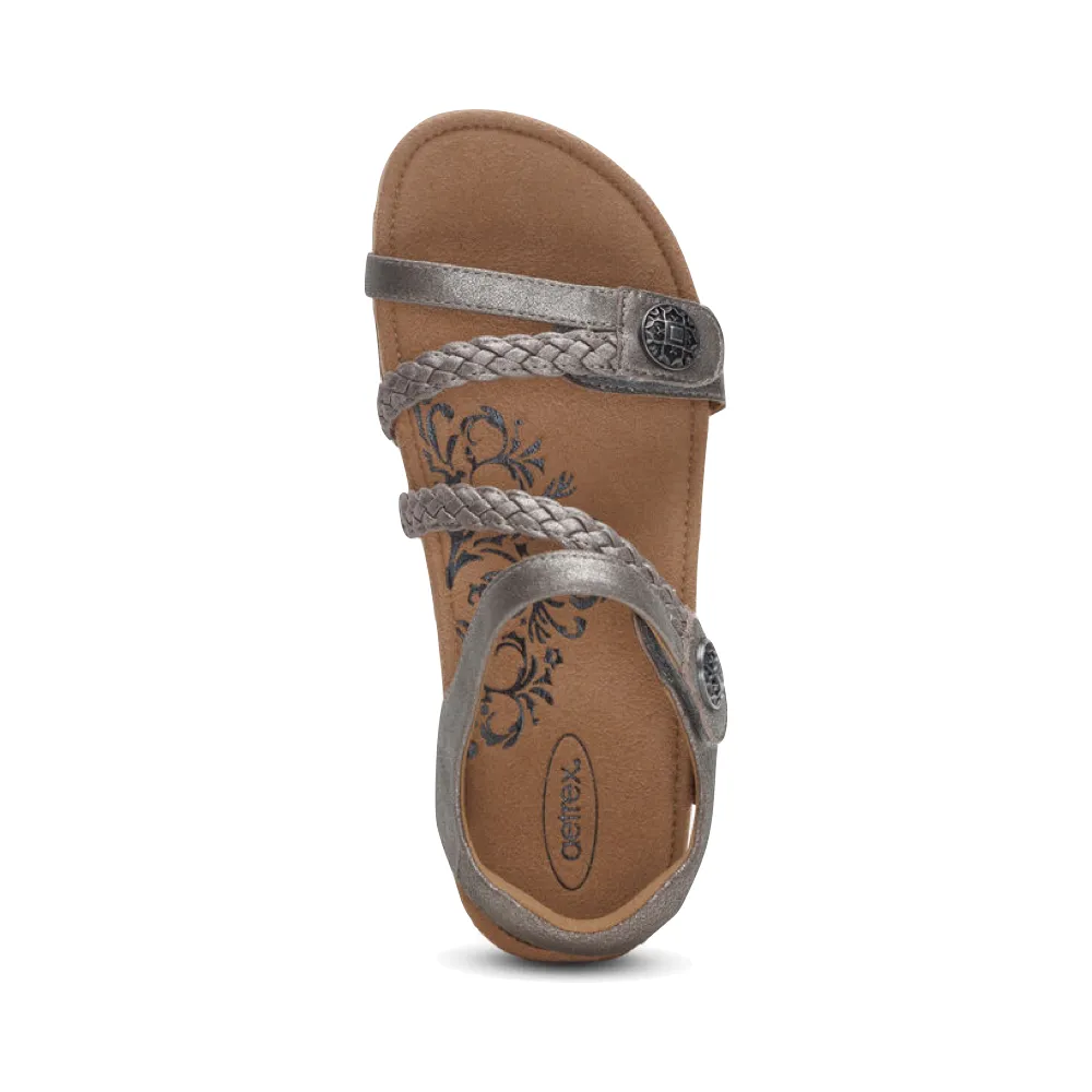 Aetrex Women's Jillian Braided Quarter Strap Sandal in Brushed Silver