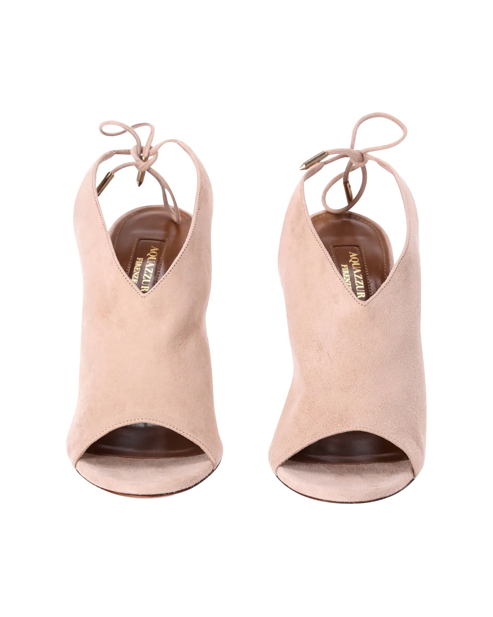 Aquazzura Ami Peep-Toe High Heel Sandals in Beige Suede