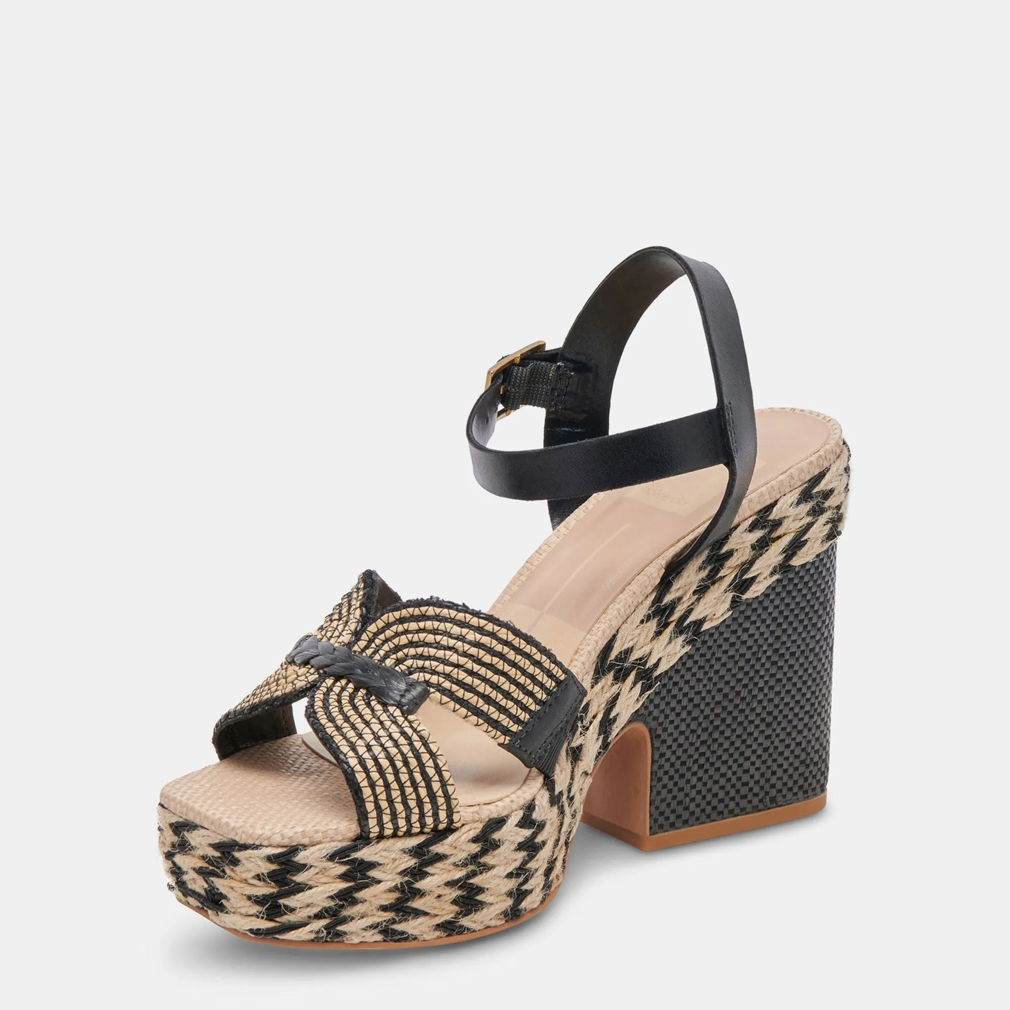 CALE HEELS BLACK NATURAL RAFFIA