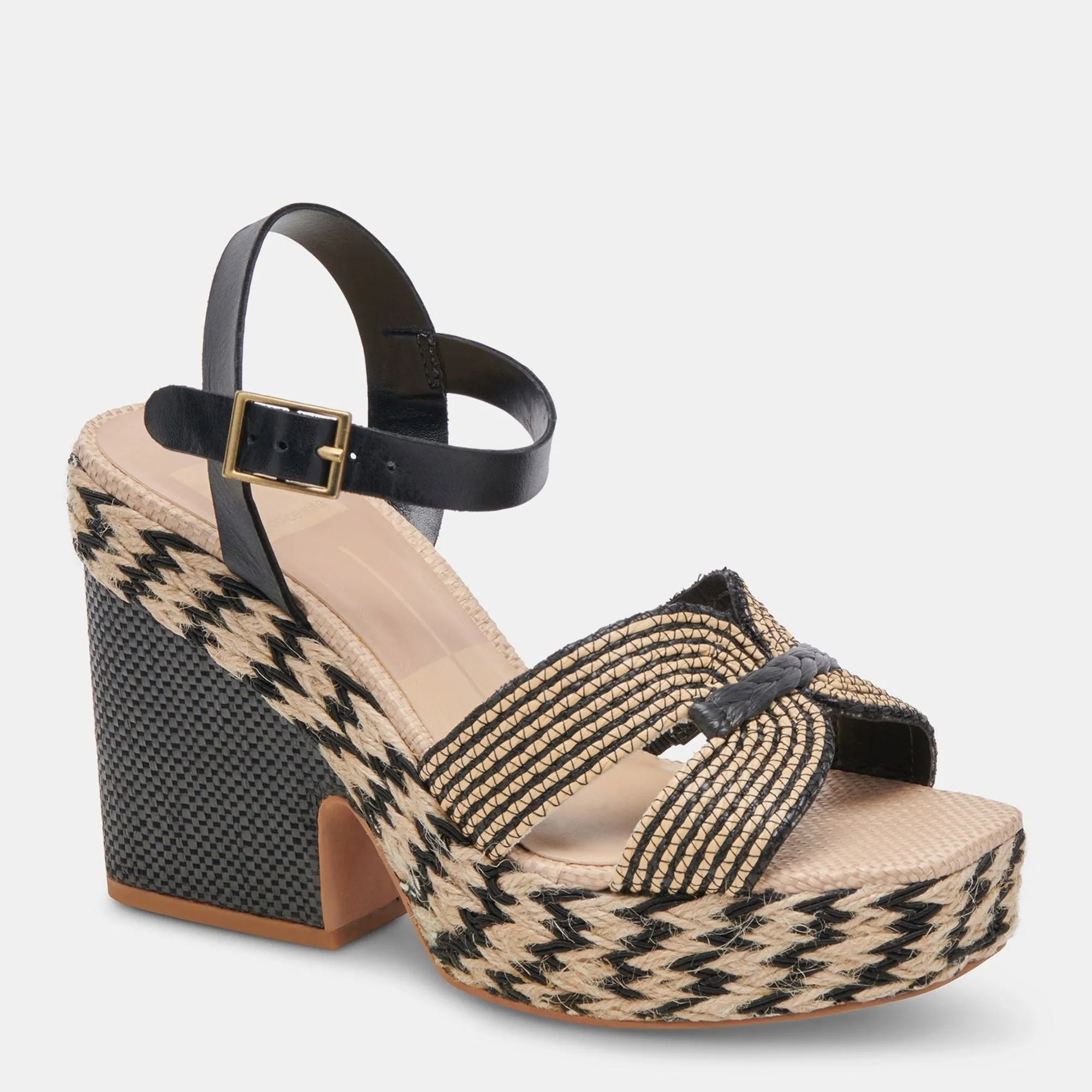 CALE HEELS BLACK NATURAL RAFFIA