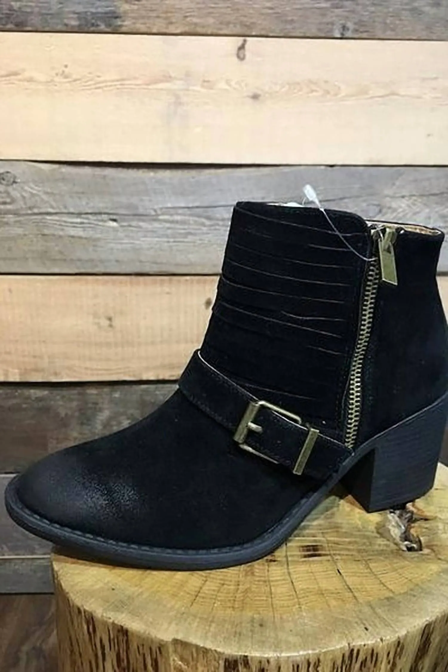 Faux Suede Bootie With Buckle In Black