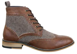 Mens Classic Tweed Oxford Ankle Boots in Brown Leather