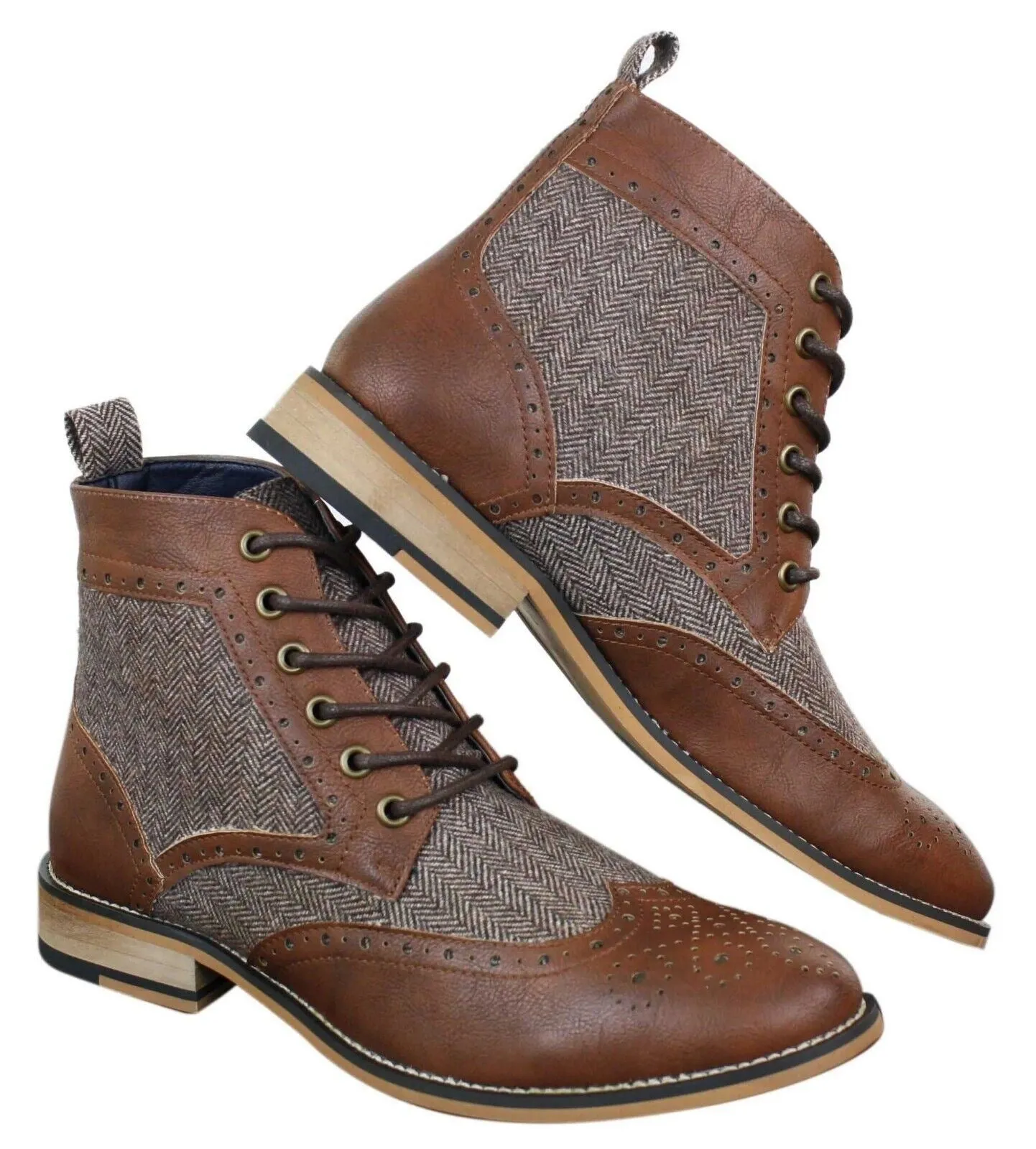 Mens Classic Tweed Oxford Ankle Boots in Brown Leather