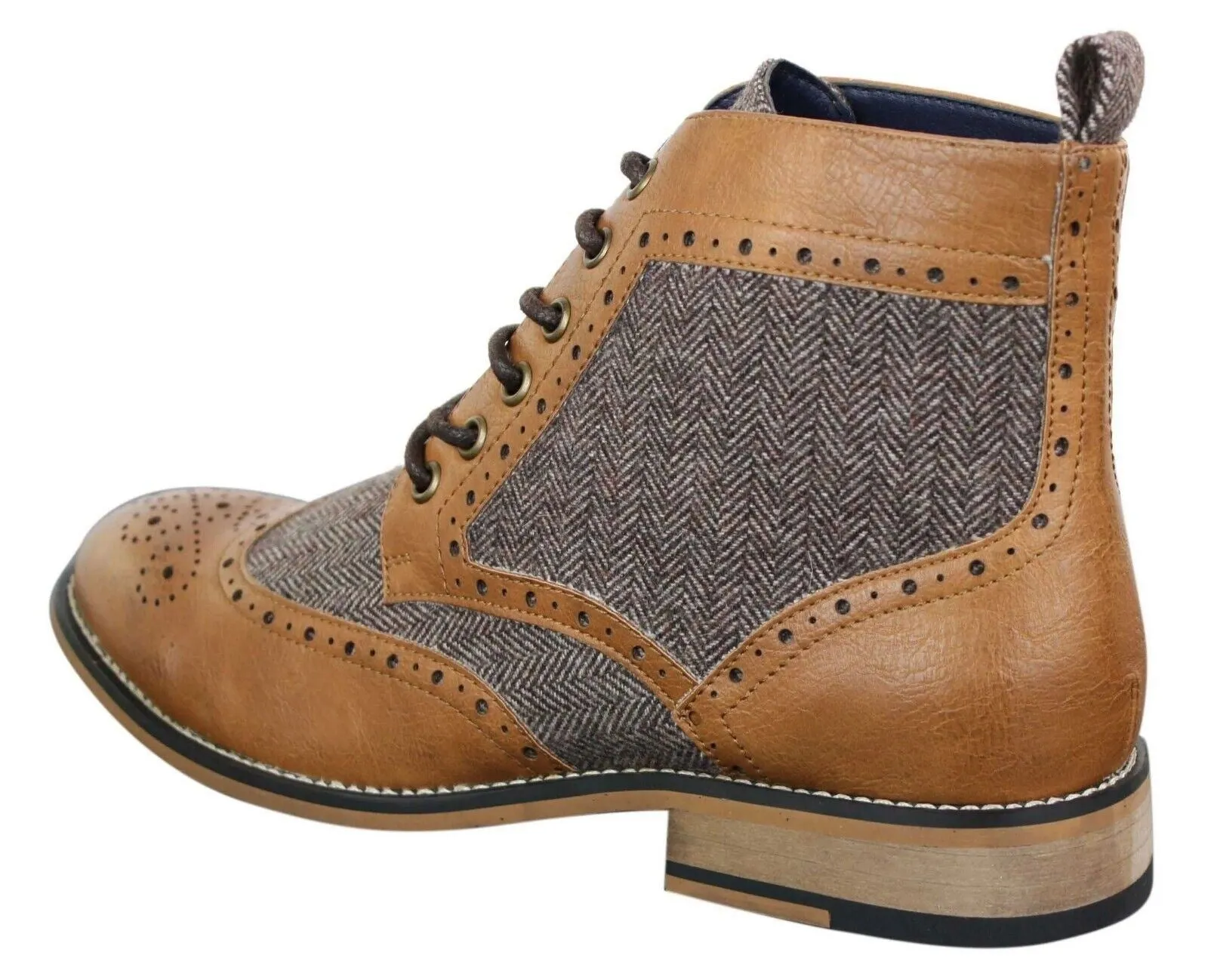 Mens Classic Tweed Oxford Ankle Boots in Tan Leather