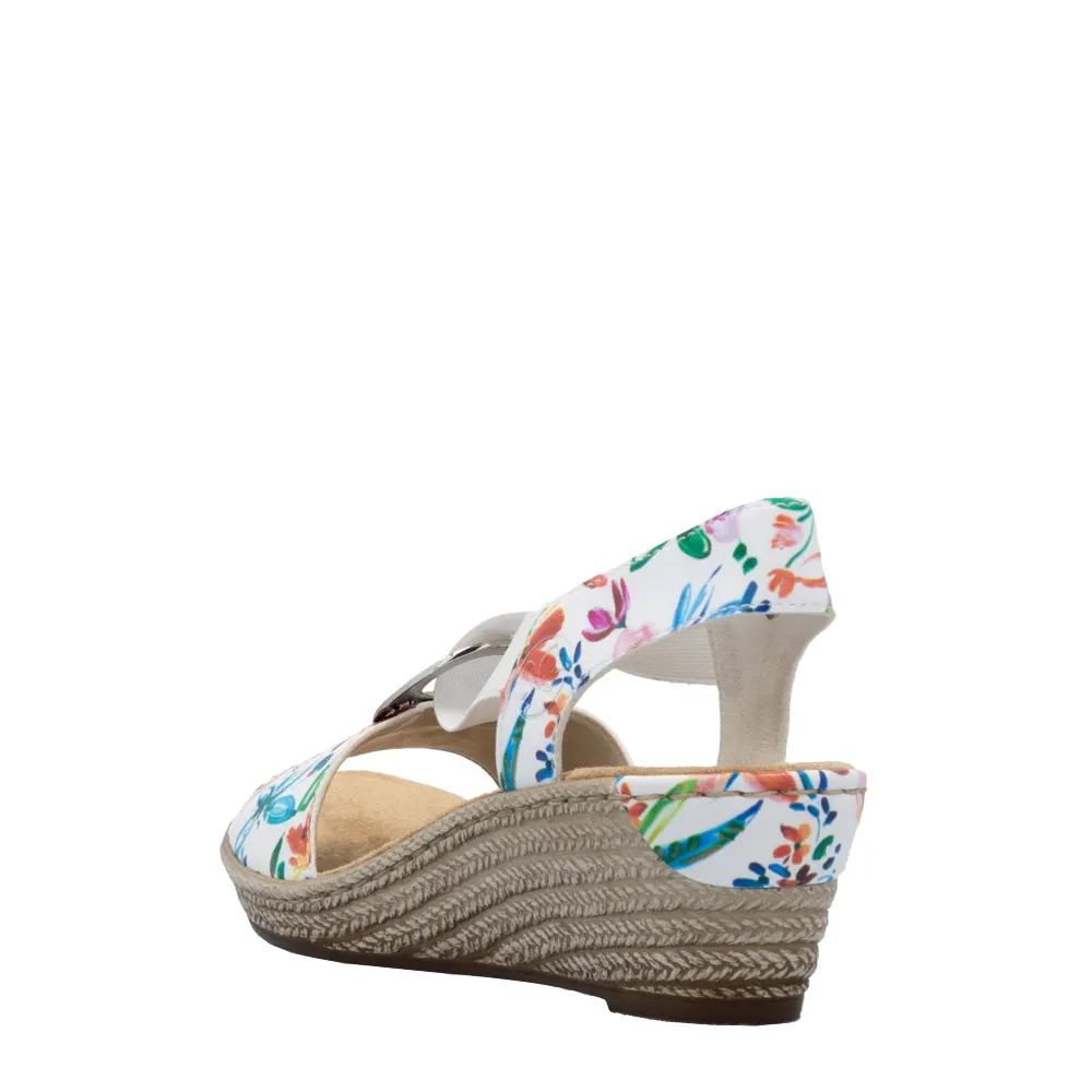 Rieker Women's Fanni H6 Wedge Sandal in White Multi Meadow