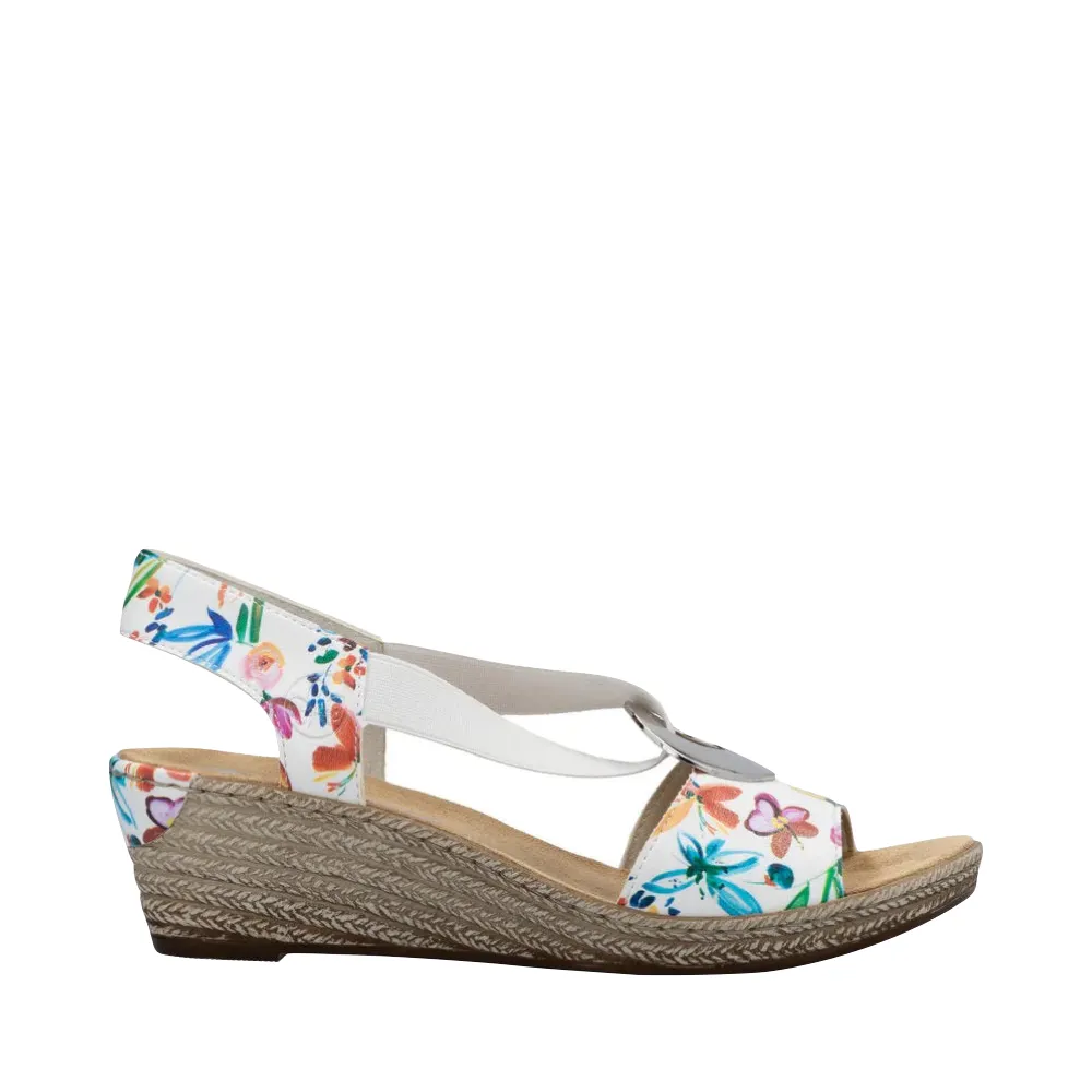 Rieker Women's Fanni H6 Wedge Sandal in White Multi Meadow