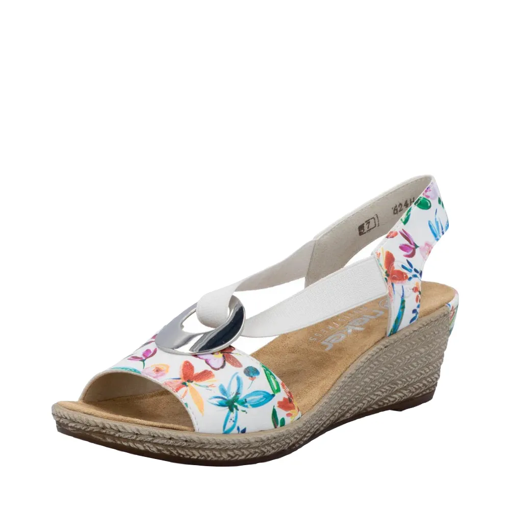 Rieker Women's Fanni H6 Wedge Sandal in White Multi Meadow