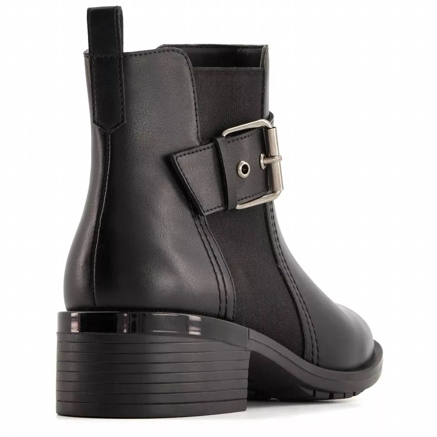 Women's Leather Booties With Elastic Side And Buckle In Black