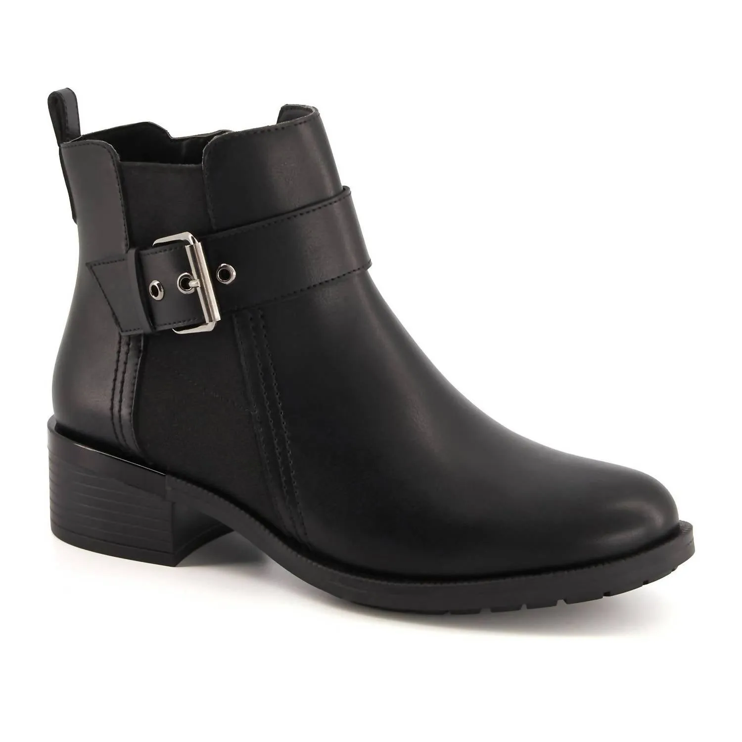 Women's Leather Booties With Elastic Side And Buckle In Black