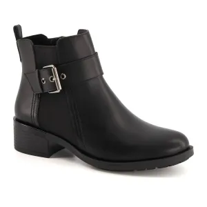 Women's Leather Booties With Elastic Side And Buckle In Black